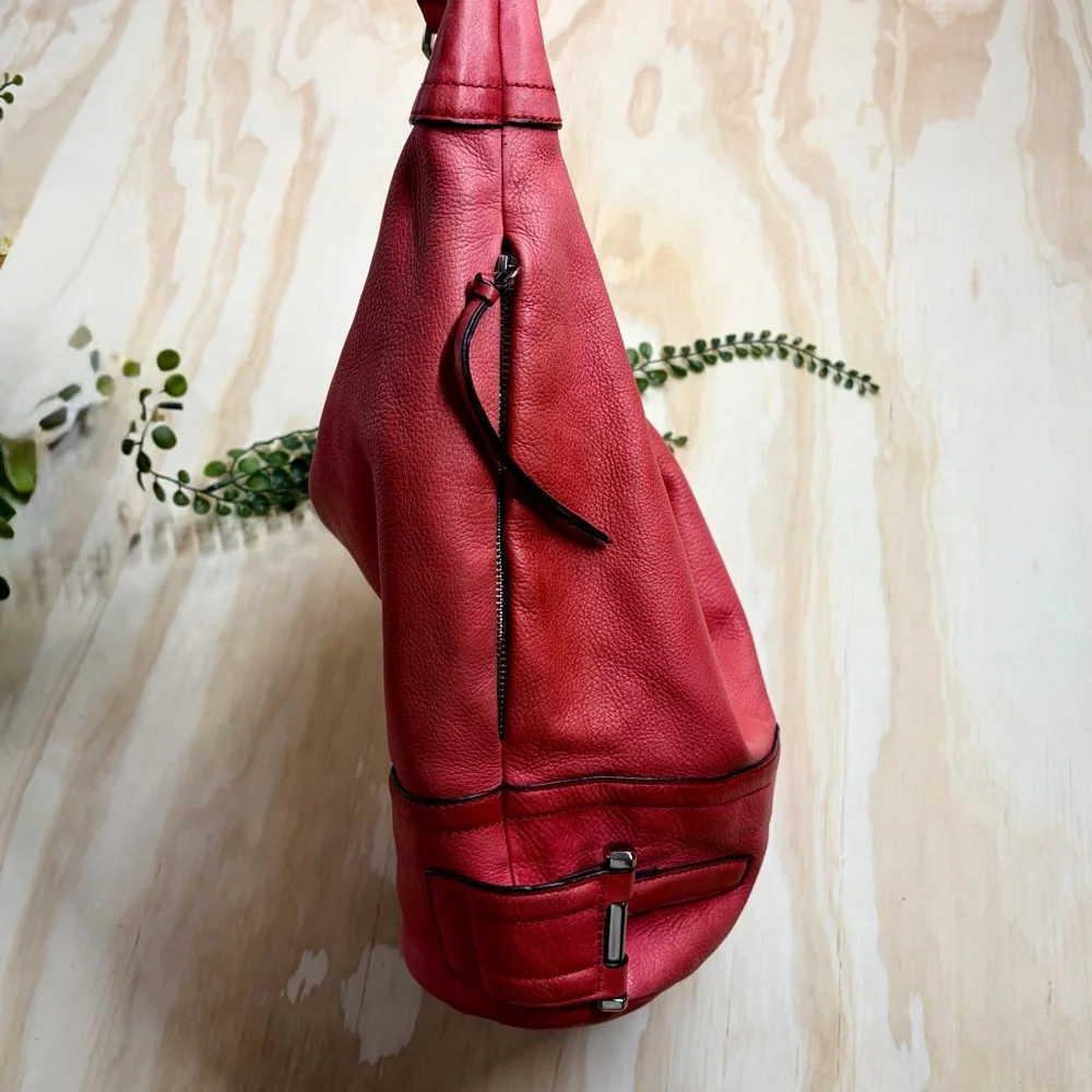 B. Makowsky Coral Red Pebbled Leather Hobo Shoulder Bag Slouch Purse